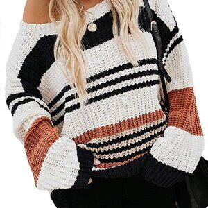 Elegant Women's Long Sleeve Crew Neck Color Block Pullover Sweater - Warm & Cozy